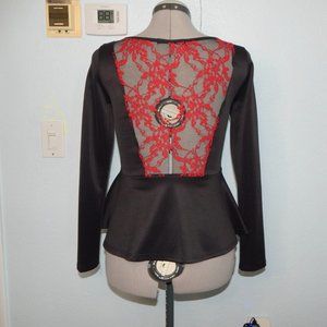 Must Have Size S Black Red Lace Plunging Back Open Peplum Blouse Shirt Top Goth
